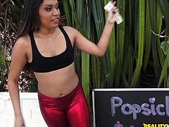 This hot latin beauty sells homemade fruit ice to make some money, but I have the best deal for her. If she sucks my cock I will give her a hundred dollars. Would this exotic beauty agree to such a deal? Watch Nicole sucking my dick and balls, on knees, with great passion.