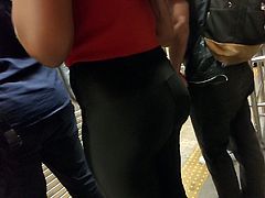 Hot ebony big booty black shiny leggings tong