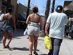 Asian plump-ass BBW in skimpy booty shorts walking in mall