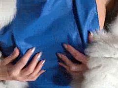 Check out this smoking hot and horny brunette woman wearing sexy blue dress and giving her friend a nice hand job.Watch her stroking his cock in HD.