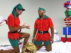 This is a Christmas story about how two naughty elves peeped into a Santa's bag without a demand and stole a very strange gift... It's amazing that these slutty guys know how to use this kinky sex toy. Watch how Santa will punish them after he discovers what they have done... Hot interracial threesome at its best!