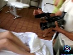 Slim teen Jasmine gets flirtatious with this bad guy outdoors as he is stripper her naked wanting to see her boobs and pussy. She plays with it naughtily as she proceeds inside the hospital, sucking both two cocks and we get a view of her amazing firm titties while she is doing that.