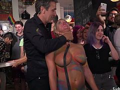 Painted body huge tits blonde spinner Sienna Day disgraced and walked naked by her master and mistress before in a bar tormented and fisted for the crowd