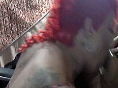 sexy black bbw Ms Redd sucking dick while looking sexy with her new red hair doo, so sexy guy can't even hold himself together while she is giving him some sloppy top, do check this clip out.