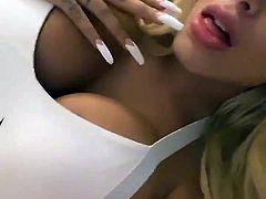 Blonde Long Nail Fake Tits Tease White Top