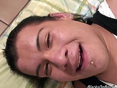 Long haired fatty latino dude takes a black cock up his ass