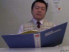 Bad news about his job in university never felt so fucking good, while Sayaka Aishiro was sucking her nasty professor's fat dick, kneeling in front of him and being a real, dirty minded vixen.