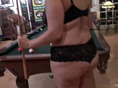 Hot MILFs stripping while playing pool ending up fingering and licking each others pussies on the pool table