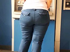 Candid big booty tight jeans at bank ATM