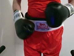 Boxer is edged before treadmill, creams n cums in groin cup