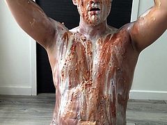 Gay slut gets messy with food piss and cum