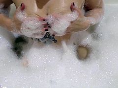 Cute Babe Sloppy Sucking Huge Dildo Sitting in Bath with Foa