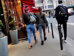 Candid skinny teen tight blue jeans in Paris