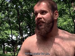Big hairy nakedguy is sucking hard tasty dick in the open. He first delivers a hand job, stroking the guys cock and enjoying how he's loving it. He bends over and arches his ass up, he gets fucked in the ass doggy style. Join now to see this full spicy video.