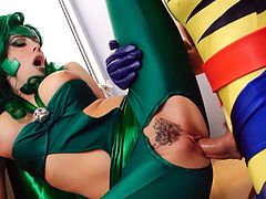 A busty milf in a green costume sucks a man's erect dick. The hottie gives a deep blowjob and gently touches the cock before being penetrated. Then, she sits on a table and opens her legs to receive a full and deep penetration. The girl screams with pleasure while the man hammers her. Join us for the full movie!