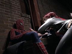 Watch your friendly neighborhood superhero fucking a redheaded busty milf in a dark deserted warehouse as he fights off crime with his big juicy wand of justice. He makes sure to punish the evil and busty milf Brooklyn sure has been a naughty one so she gets bent over and punished by spidey
