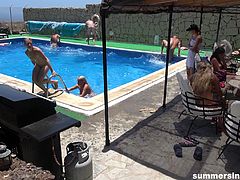 The cutie enjoys herself in a pool on a sunny day. As everyone around are having sex, she decides to fulfill her desires. The naughty babe awards a guy a classy blowjob, and offers him to insert his cock in her itchy cunt. The hunk records the scene on his mobile.