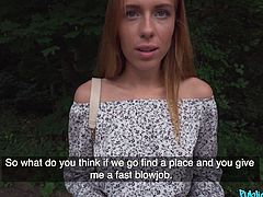 This pretty redhead knows her body is what he's after and she is more than ready to give it. She lures him into an enclosure and then shows him just how incredibly kinky she can be, as she pulls down his pants and stuffs that heavy dick in her throat