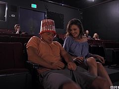 Lovers at the movies. The girlfriend is super horny and can't hold herself. She pulls out her partner's cock and begins to stroke it. He takes off his pants and stands for a blowjob. She bends on the cinema chairs and gets fucked from behind doggy style... Join now!