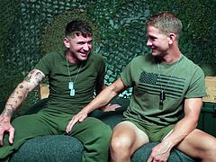 Two white military hunks can't resist each other anymore and decide to indulge in a forbidden fantasy. These macho men strip down their pants and reveal rock-hard cocks as they explore each other's muscular bodies with their tongues before plunging into a steamy anal session... Join now!