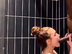 Petite Slut Sucks BBC in Shower