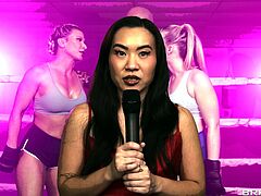 These two slutty lesbian babes went to a fight club tonight after partying and decided to have a showdown. But as the busty babe defeated the blondie, she got all horny and whipped her strapon out to put it on and bang the blondie with it all ruthlessly in front of everybody till they both orgasmed.