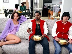 Today I came to teach these busty babes math subjects but when their stepbrothers went away in the kitchen, these hotties started seducing me and pulled my big dick out and gave me an awesome blowjob one by one. Later on, I slid my dick inside ebony babe's pussy and fucked her hard in a standing position.