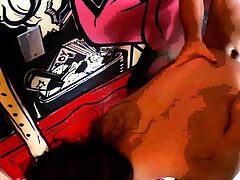 Brunette slut with big boobs threesome by the pool