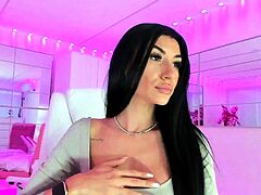 Brunette Beauty Nude Tease on Webcam in Neon Pink Room